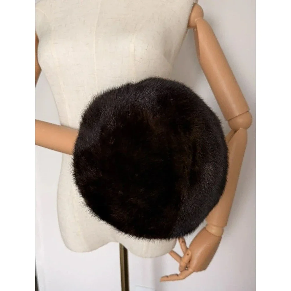 Vintage 50s 60s Dark Brown Genuine Mink Fur Beret Hat Cap Size 22.5